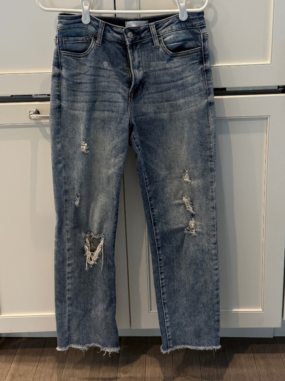 Vervet High Rise Straight Jeans with distressing